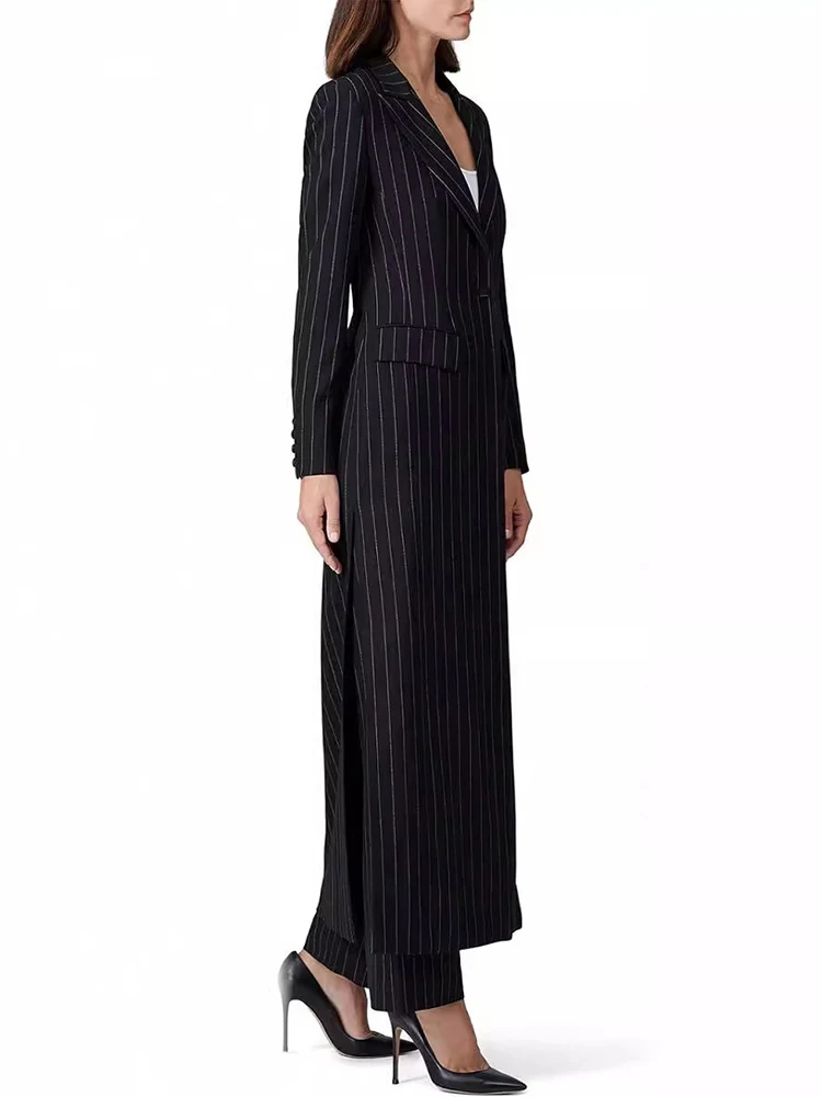 LGRQ Women\'s Stripe Blazer Fashion Notched Single Button Side Split Slim Long Straight Suit Jackets Autumn 2024 New Clothing