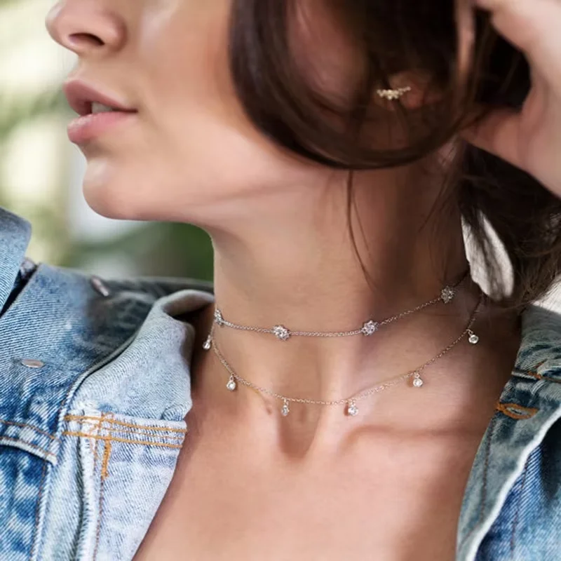 High Quality Delicate Sparking CZ Short Necklace Minimalist Drop Cz Charm Link Chain 32+8cm Choker Layer Womens Collier Jewelry