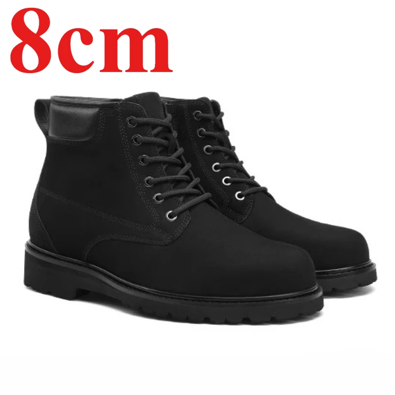 

British Style Height Increasing Shoes for Men's 8cm Genuine Leather and Wool Lined Warm Work Shoes High Top Casual Leather Shoes