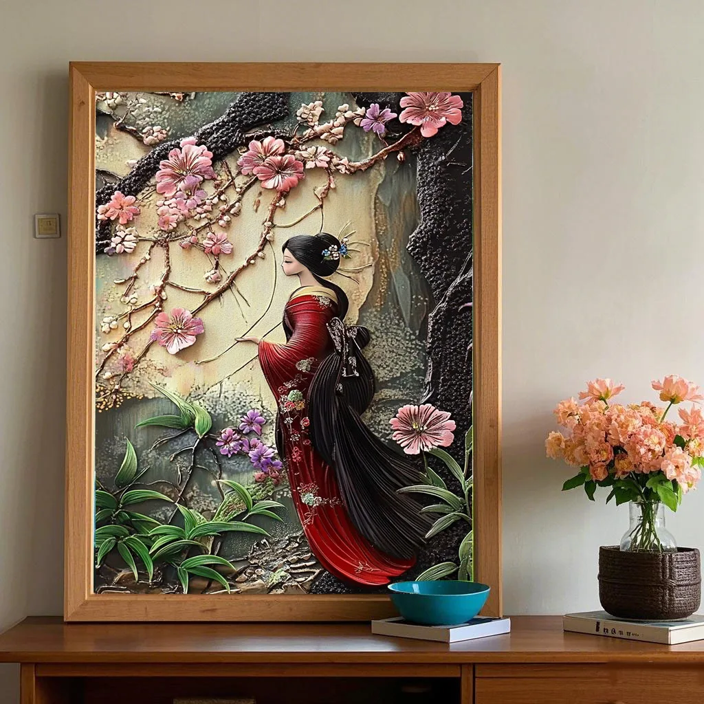 Vintage Japanese Style Samurai Geisha Bonsai Sakura Painting Art Sign 2D Plane  for Cafe, Home, Garden, Store, Bedroom Decor