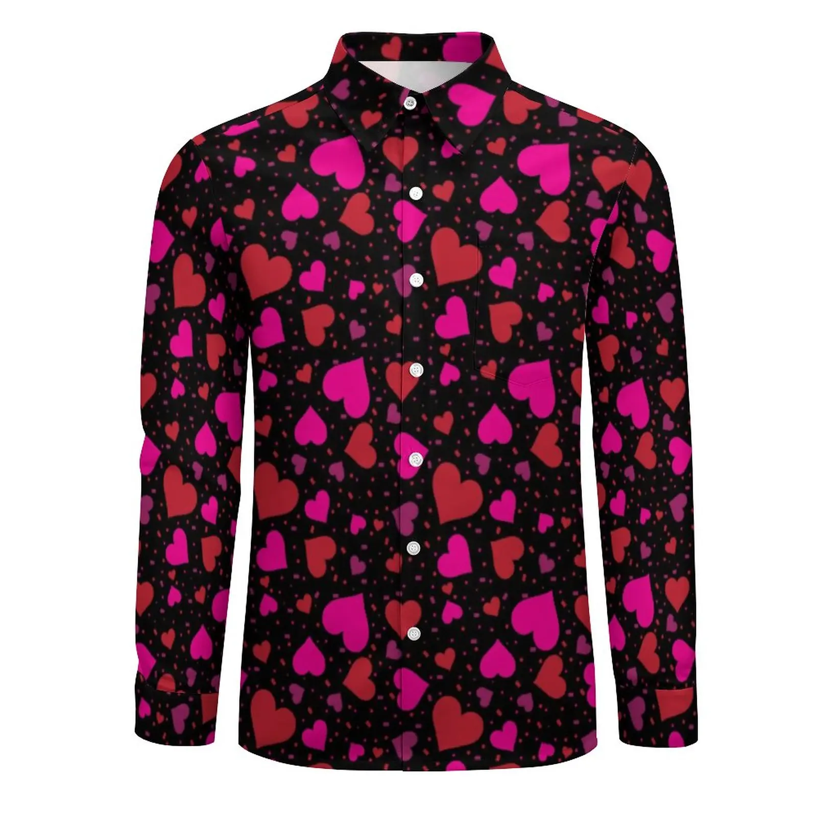 Heart Confetti Shirt Man Pink Valentines Day Casual Shirts Spring Funny Custom Blouses Long Sleeve Trendy Oversized Clothes Gift