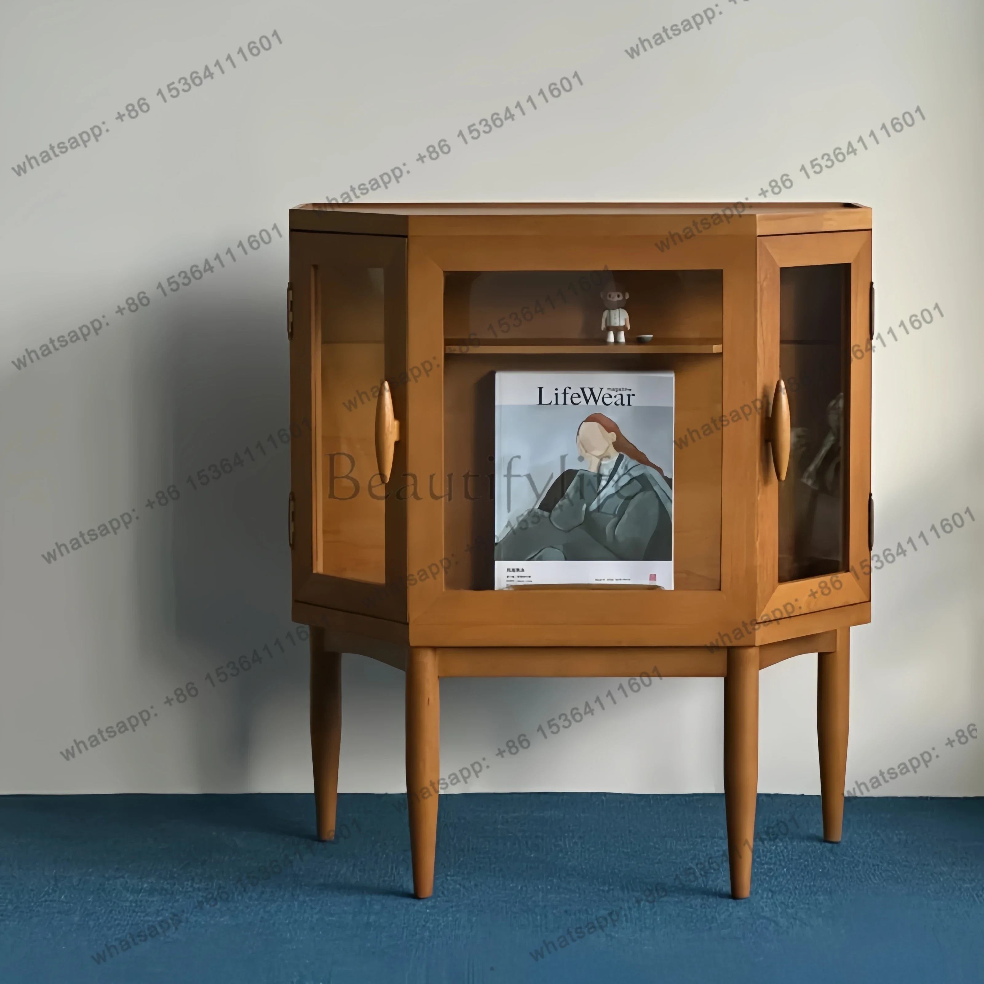 

Medieval Solid Wood Hexagonal Display Cabinet Home Living Room Designer Retro Style Locker Storage Cabinet