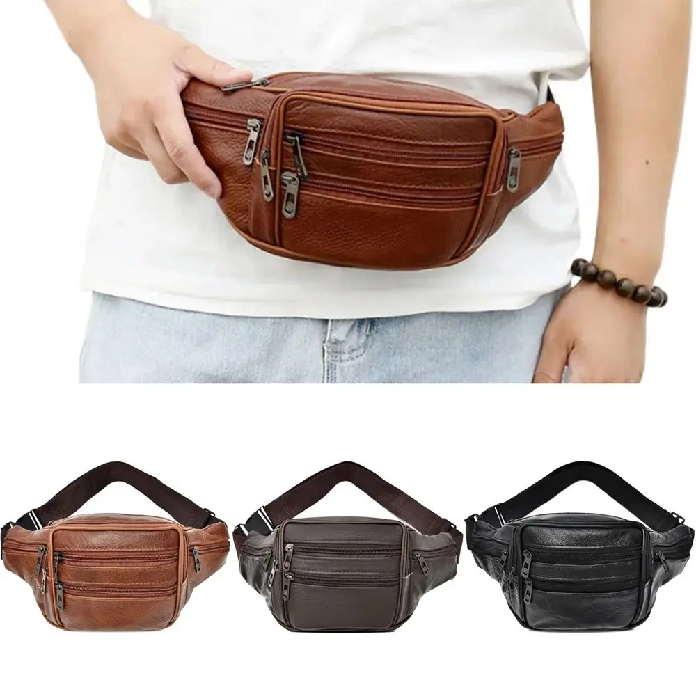 Solid Color Men's Waist Bag Multi-layered Adjustable Genuine Leather Chest Pouch Wear-resistant Large Capacity Hip Belt Bag