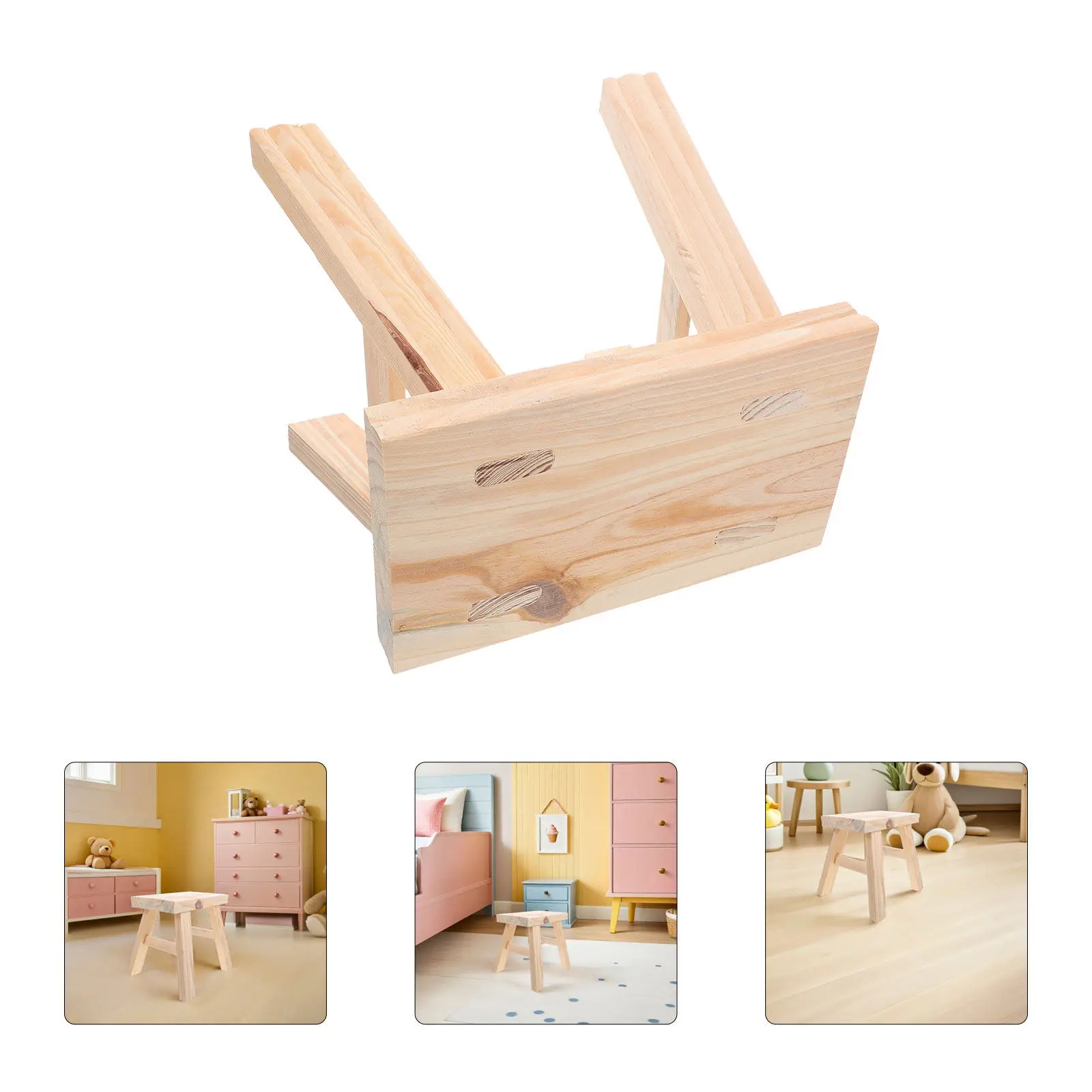 Solid Wood Children's Step Stool Small Beige Kids High Bedside Bathroom Stool Wide Step Heavy Duty Multi Functional Footrest