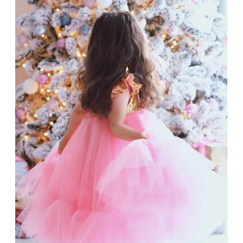 

New Pink Fluffy Girl Dresses Gold Sequins Kids Pageant Gowns Birthday Dresses For First Communion Baptism Graduation Ceremony