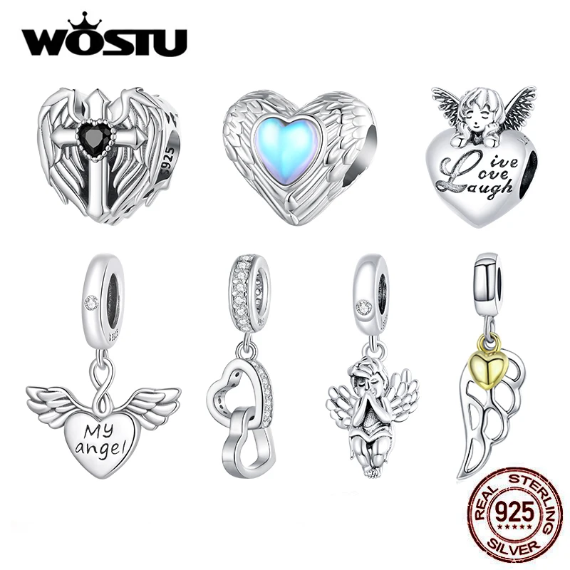 

WOSTU 925 Sterling Silver Rainbow Moonstone Beads Heart Charms Angel Guard Pendant Fit Original Bracelet DIY Neckalce