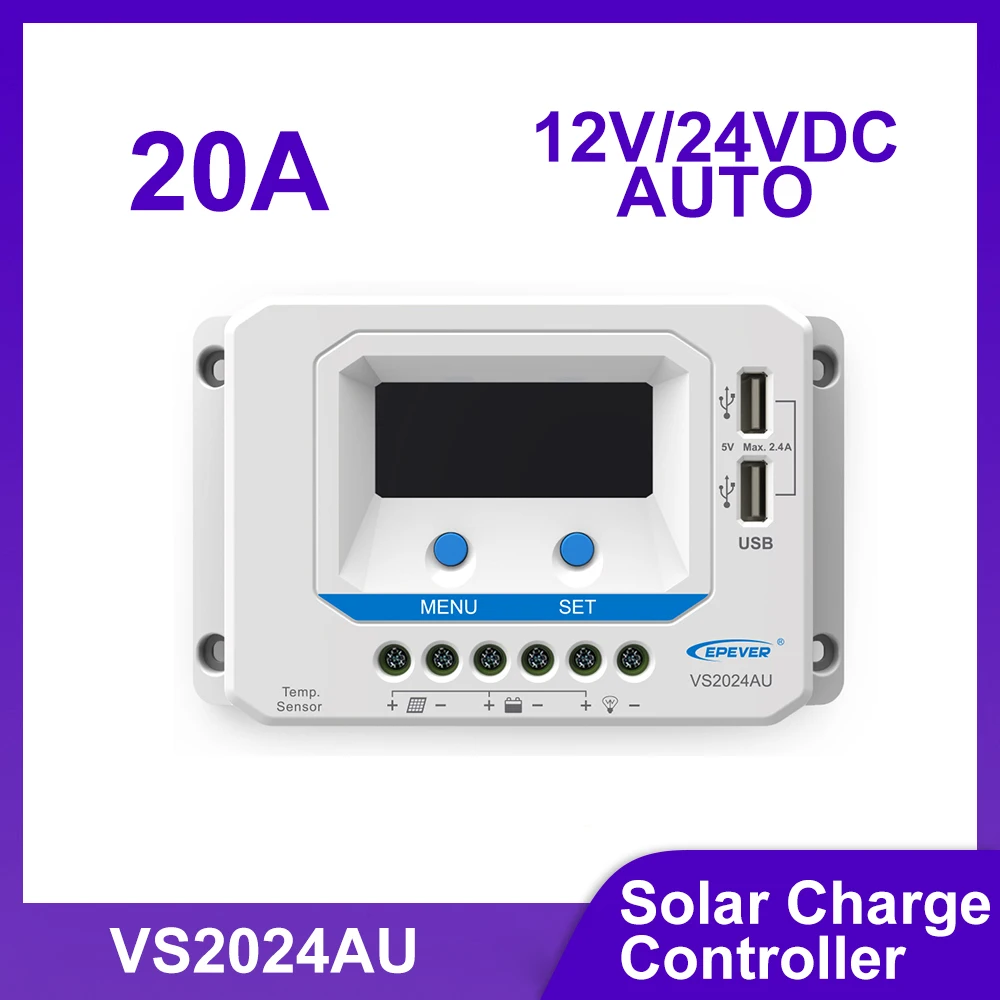 EPEVER 10A/20A PWM Solar Charge Controller 12V/24V Auto VS-AU Regulator with LCD Display Dual USB Ports for Solar Power System