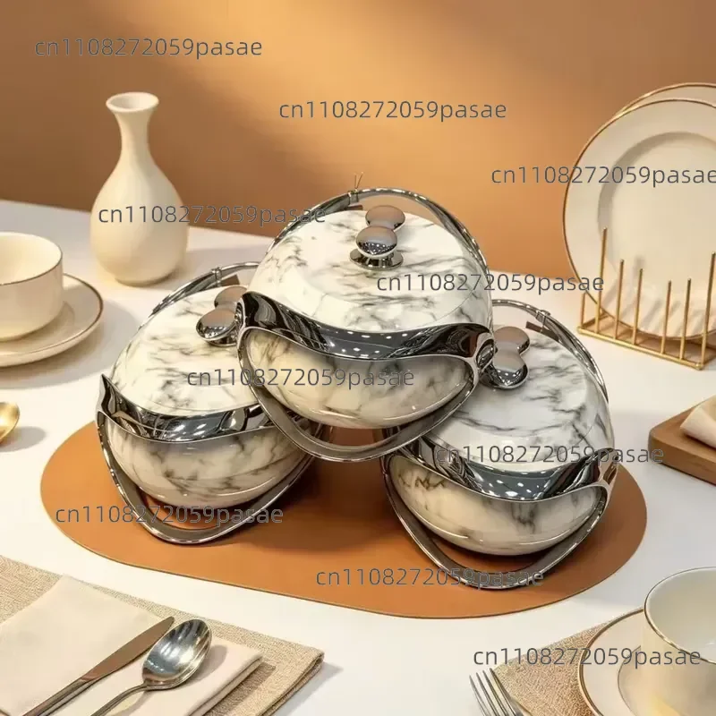 3pcs Modern Marble Food Warmer Set 2.0L 2.5L 3.0L Insulated Hot Pot Thermal Casserole Big Size Serving Dish