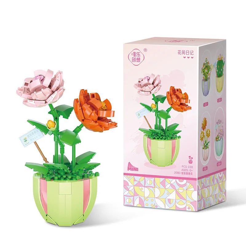 Flower Building Blocks Desktop Succulent Potted Ornaments Diy Small Particles Assembled Children Girl Toy Gift Compatible Lego