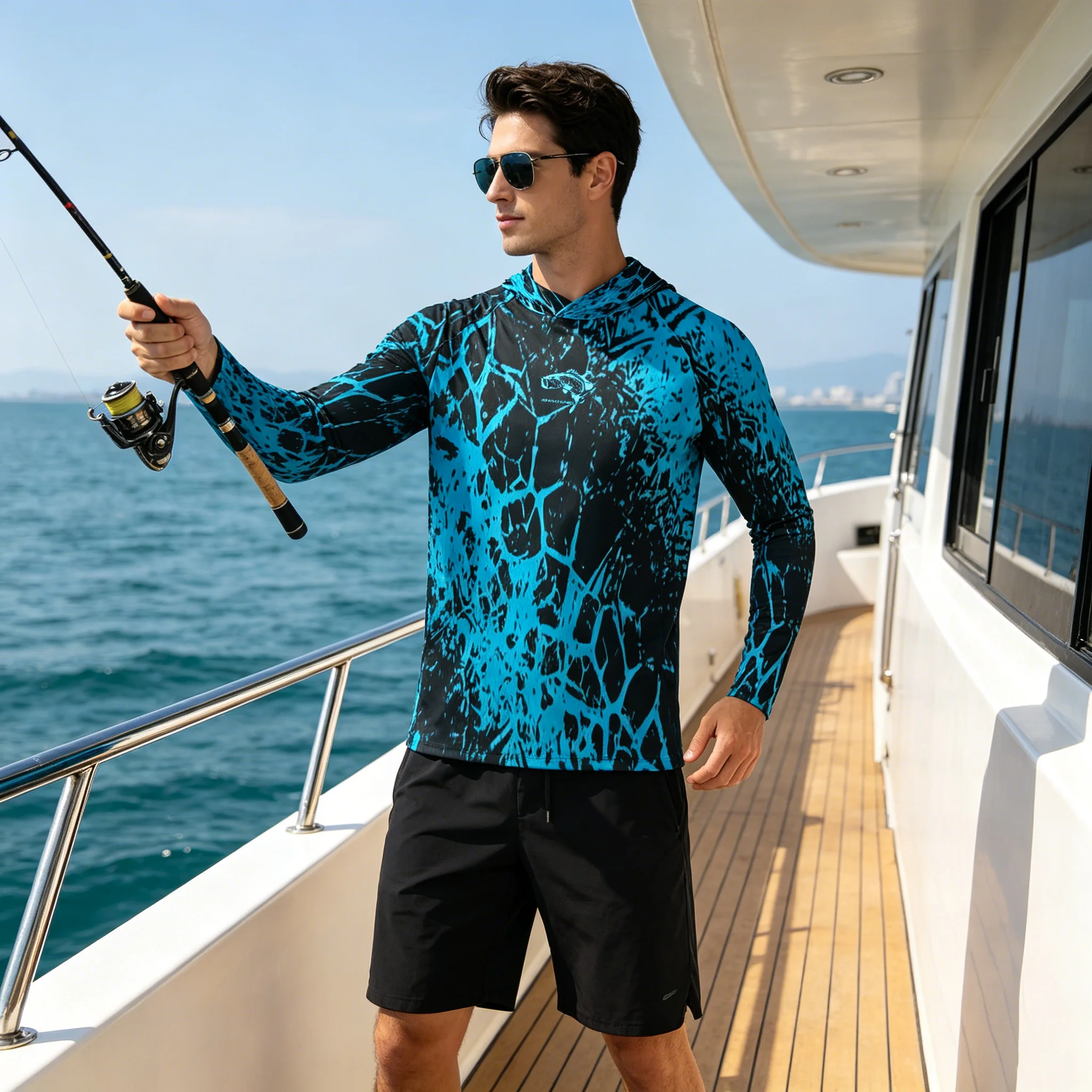 Fishing Hoodies Fish Shirts UPF50 Sun Protection Long Sleeve Hooded Print Anti UV Quick Dry Breathable Men Outdoor Fishing
