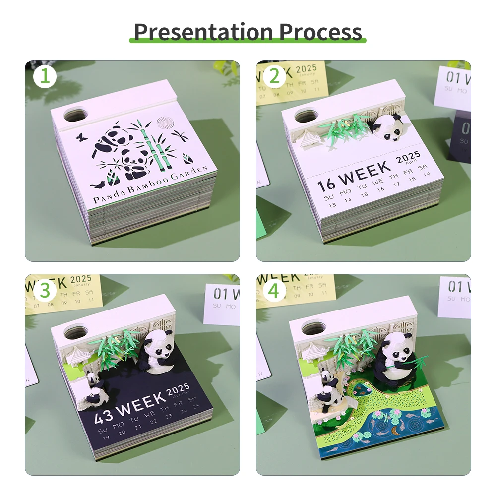 Omoshiroi Block 3D Notepad Mini Panda Memo Pad With 2025 Calendar Paper Notes Artistic Notepad Creative Christmas Birthday Gift