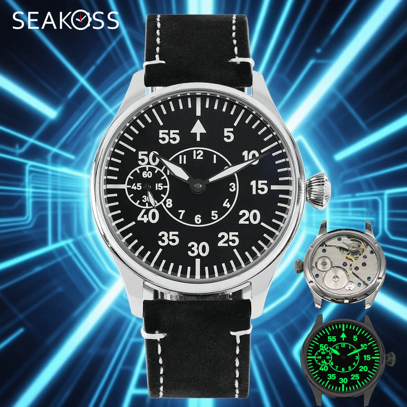 

SEAKOSS Aviator мужские часы механические часы-пилот Seagull ST36 механизм супер светящийся C3 NL EAT6497 44 мм наручные часы для мужчин