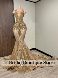 Sparkly Gold Diamonds Long Prom Dresses 2024 Sparkly Beads Crystal Sequins Gown For Black Girls Birthday Party Gown Customized