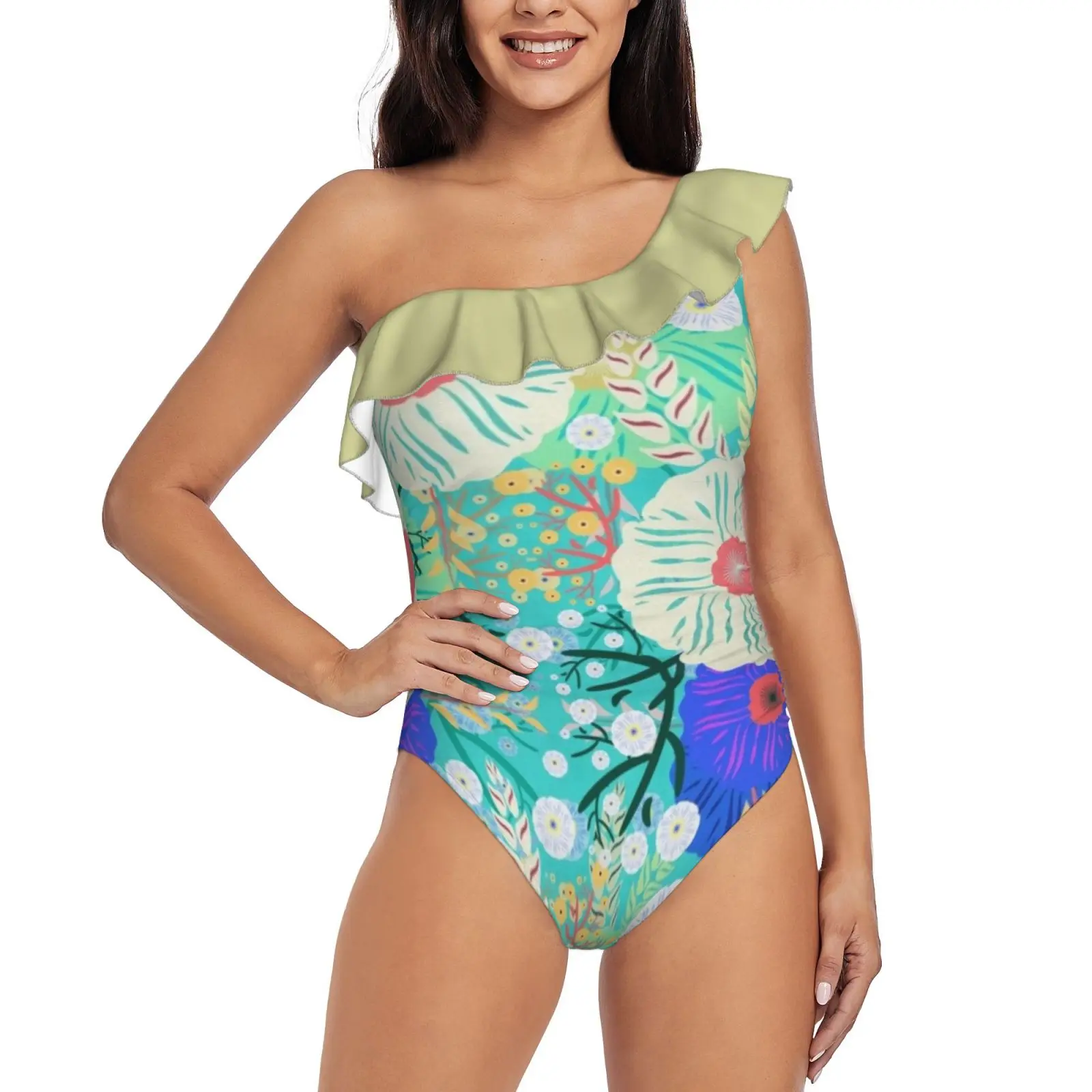 

Bouquet Floral One Shoulder Ruffle Swimsuit One-Piece Beach Bathing Suit Print Sexy Women Swimsuit Flowers Fantasy Flowers