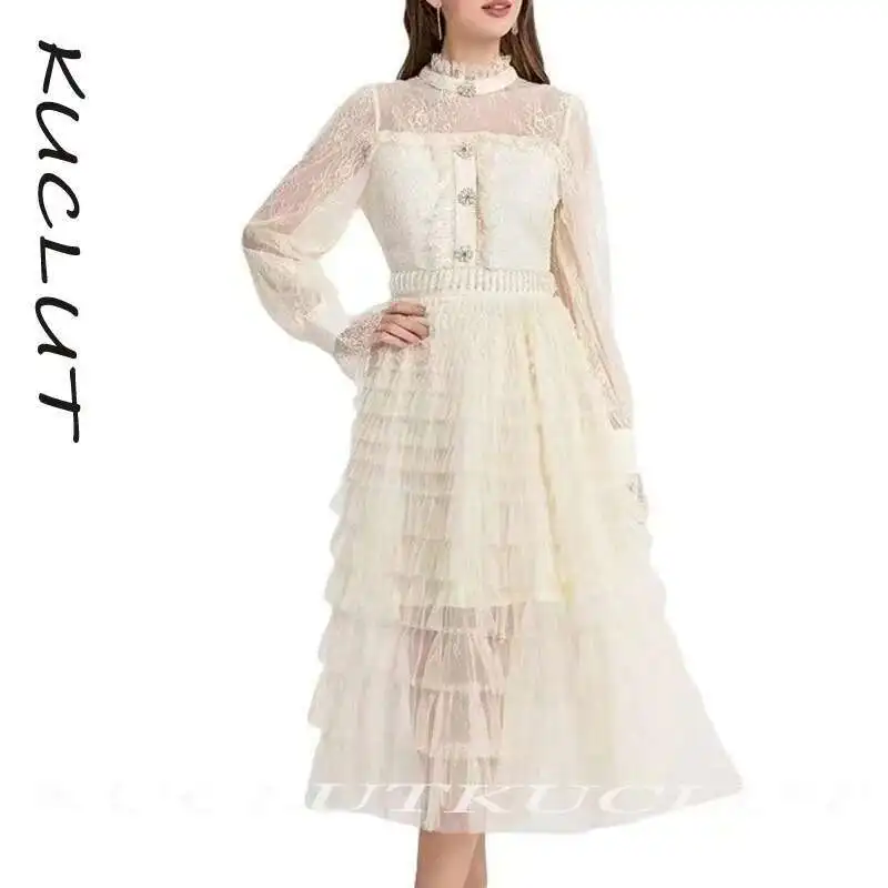 KUCLUT 2025 ใหม่แขนสั้น Floral Lace Overlay SHEER แผง MIDI ความยาว Elegant ผู้หญิงโรแมนติกผู้หญิงชุดหญิง