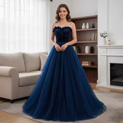 High Quality Blue Tube A-Line Prom Dress,Cocktail Christmas Evening Birthday Graduation Party Gowns,Fantasy Ball Princess Dress