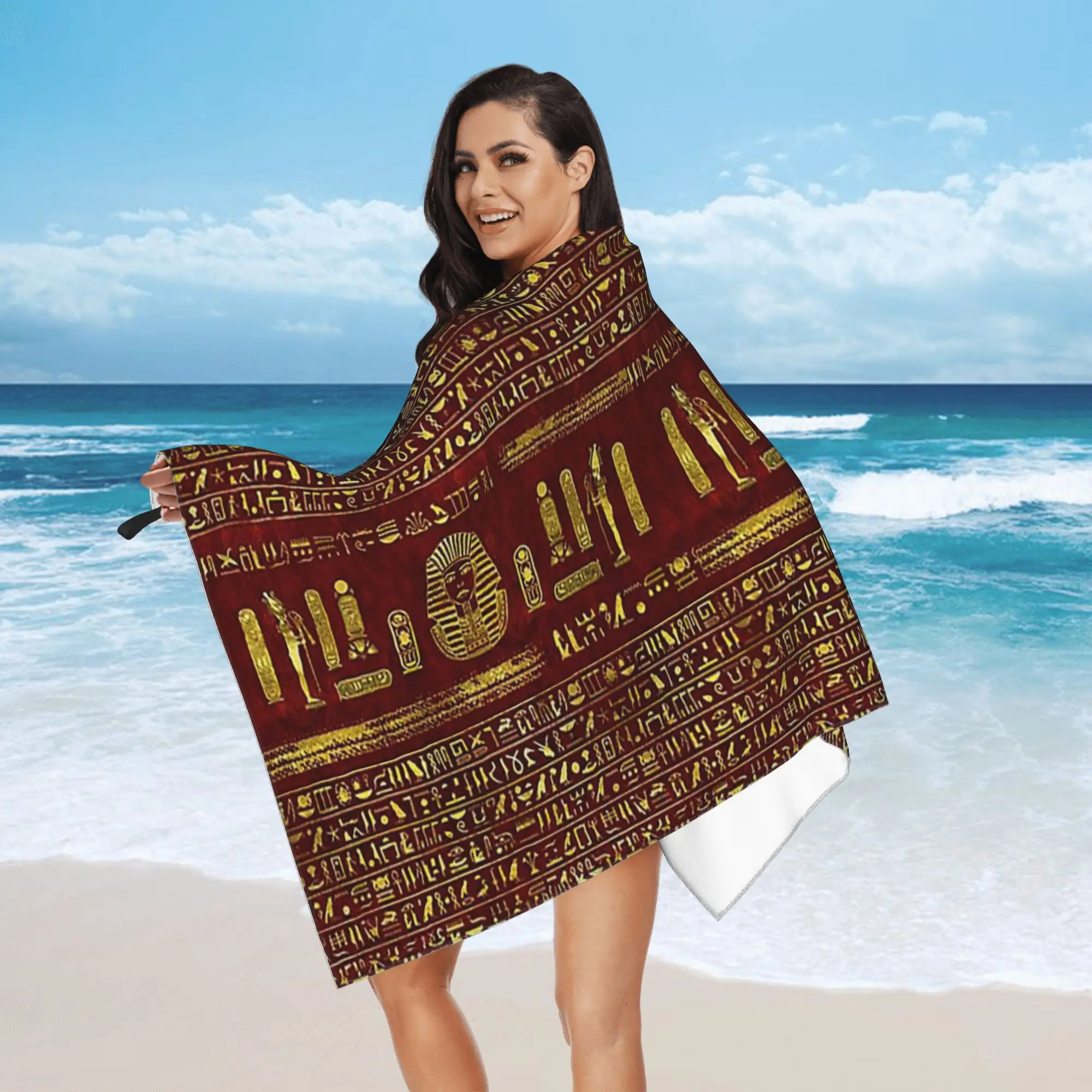 Golden Egyptian Sphinx on red leather Beach Towel Soft Microfiber Quick Dry Absorbent Quick Towels For Yoga