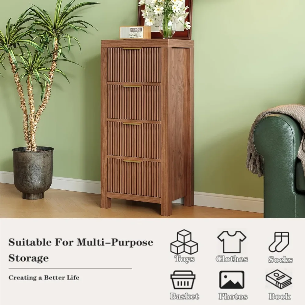 미드 센추리 모던 스타일의 높은 나무 서랍장(4개의 넓은 서랍), 현관 수납장(매끄러운 금속 손잡이), 침실 옷장