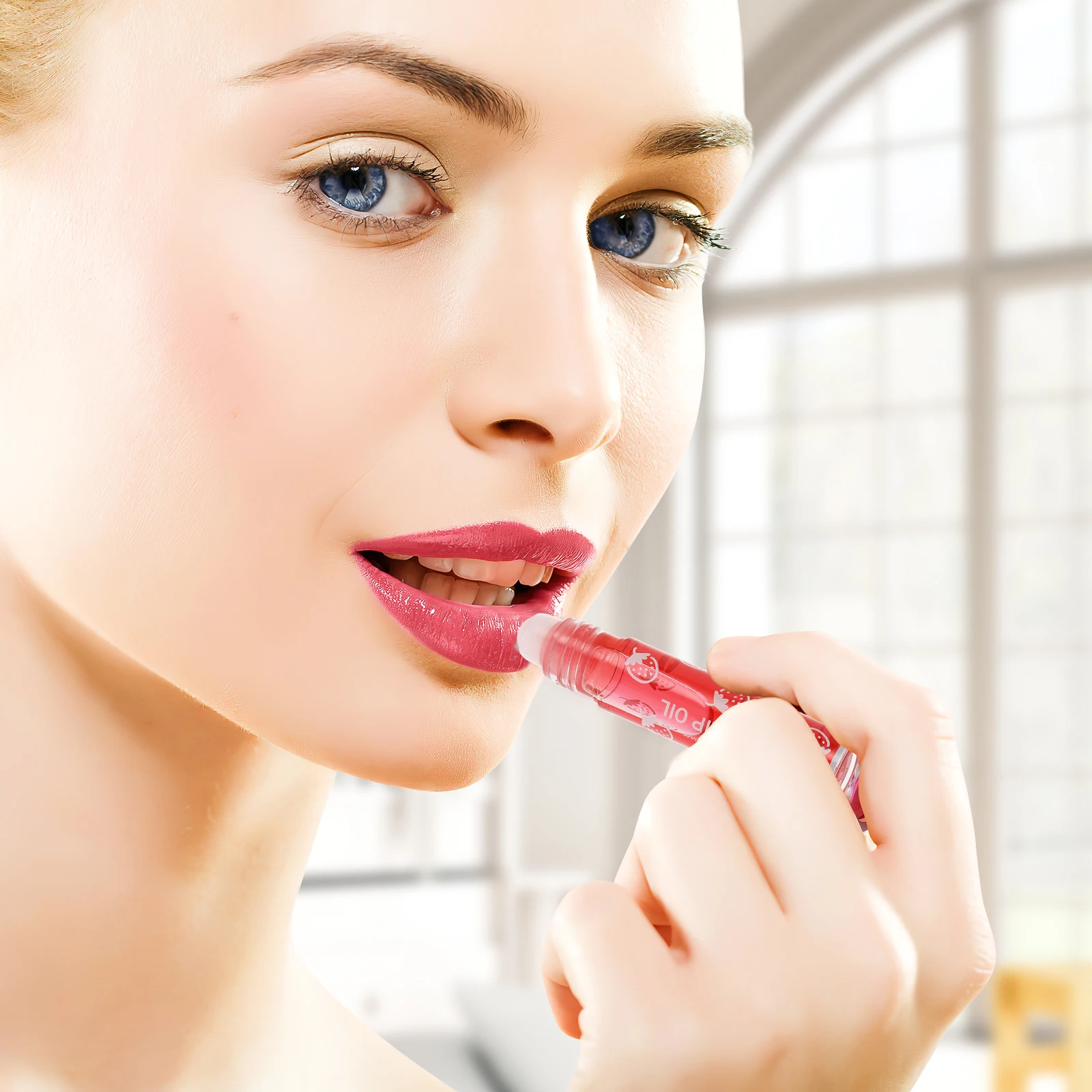 ลิปออยล์กลิ้งแบบโรลออน กลิ่นพีช ให้ความชุ่มชื้น โปร่งแสง ผสมสารสกัดจากผลไม้ บำรุงริมฝีปากให้อวบอิ่มยาวนาน