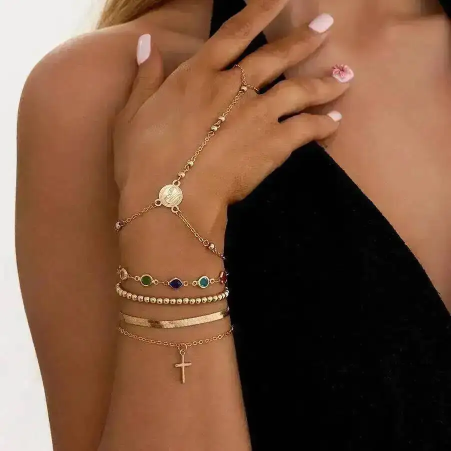 

KunJoe 5Pcs/Set Vintage Colorful Crystal Cross Pendant Finger Bracelets Women New Gold Color Connect Hand Harness Bangle Jewelry