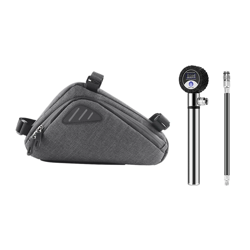 

2 Set Bike Accessories: 1 Pcs Waterproof Bicycle Triple-Cornered Pouch & 1 Set Digital Bicycle Tire Air Inflator