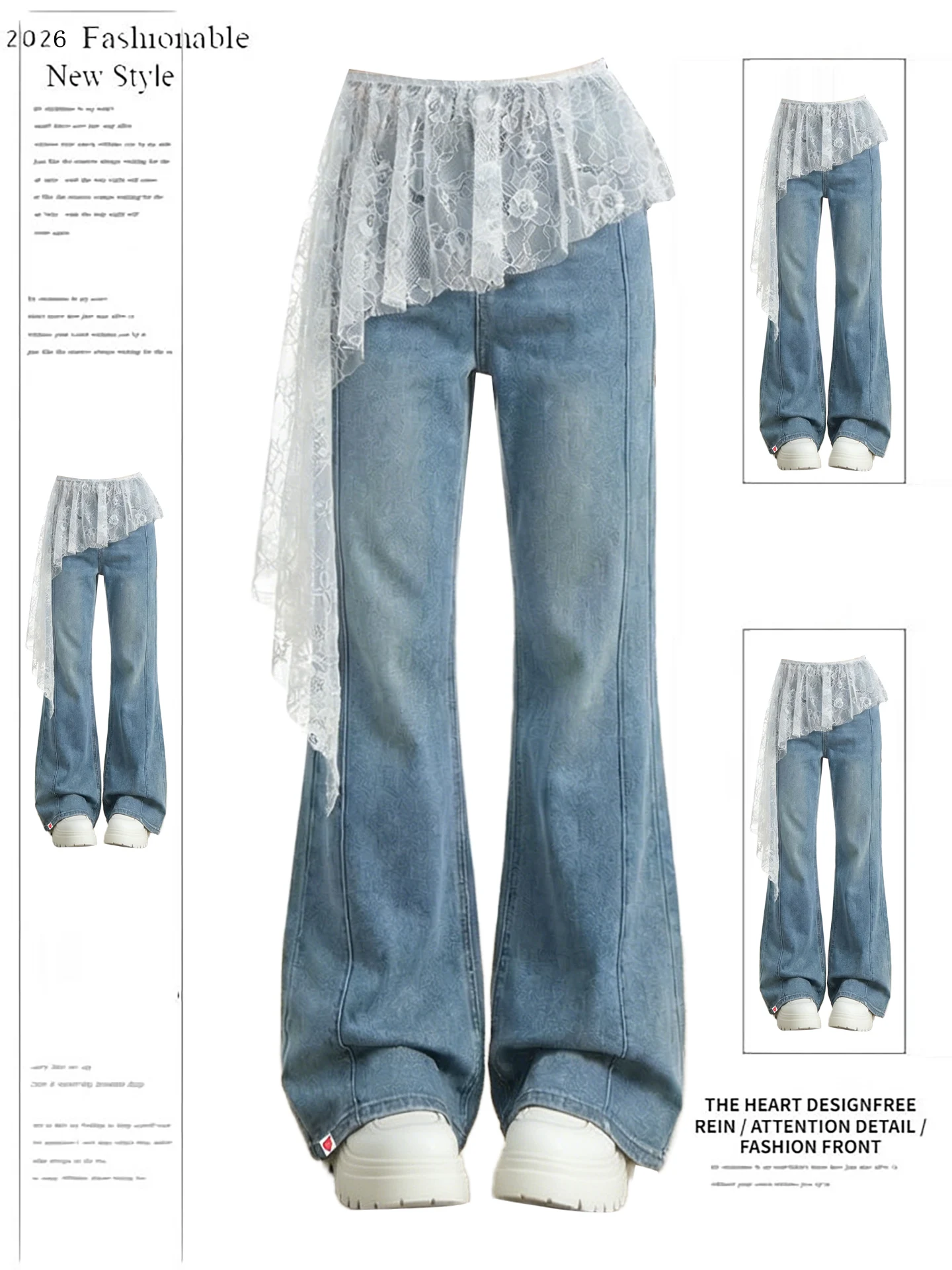 

Retro American Lace Splicing High Waist Slimming Micro Flared Jeans Women's Spring New Design Casual Cotton Wide Leg Pants