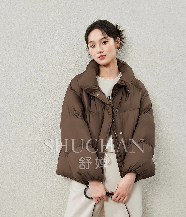 

Good Quality Puffs, Special Knitted Splicing 90% White Duck Down, Drawstring Stand-up Collar Down Jacket Women