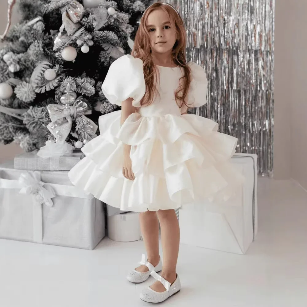 2025 White Layered Flower Girl Dress for Wedding Puffy Satin with Bow Kid Birthday Party Princess Pageant Dress Communion Gown