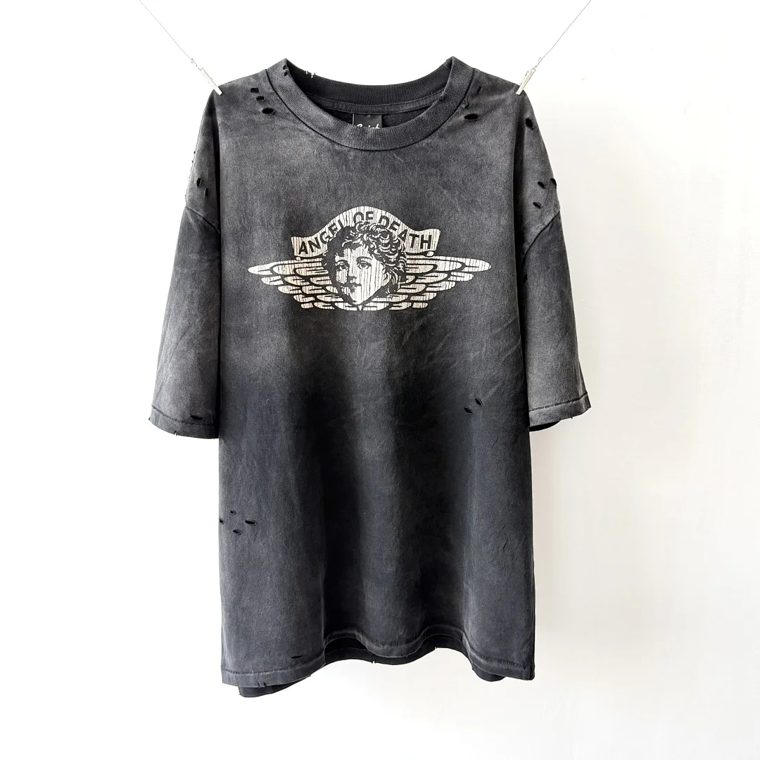 T-shirts imprimés Saint x Death Angel 2026ss pour femmes et hommes, T-shirts vintage déchirés et délavés pour hommes