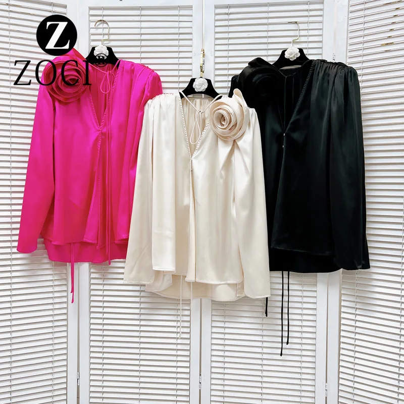 [ZOCI] High Class Celebrity Design Sense V-neck Flower Acetic Acid Silk Face Shirt Split Bubble Sleeve Top