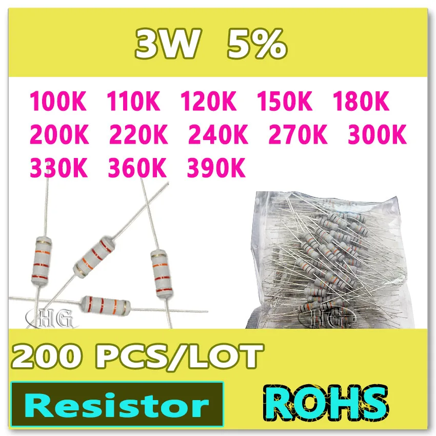 

JASNPROSMA 200PCS/LOT 5% 3W 100K 110K 120K 150K 180K 200K 220K 240K 270K 300K 330K 360K 390K carbon film DIP OHM Resistor