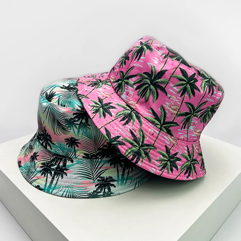 New Unisex Print Coconut Tree Flamingo Bucket Hats Sunshade Casual Versatile Travel Double Sided Wearable Fisherman Caps Fashion