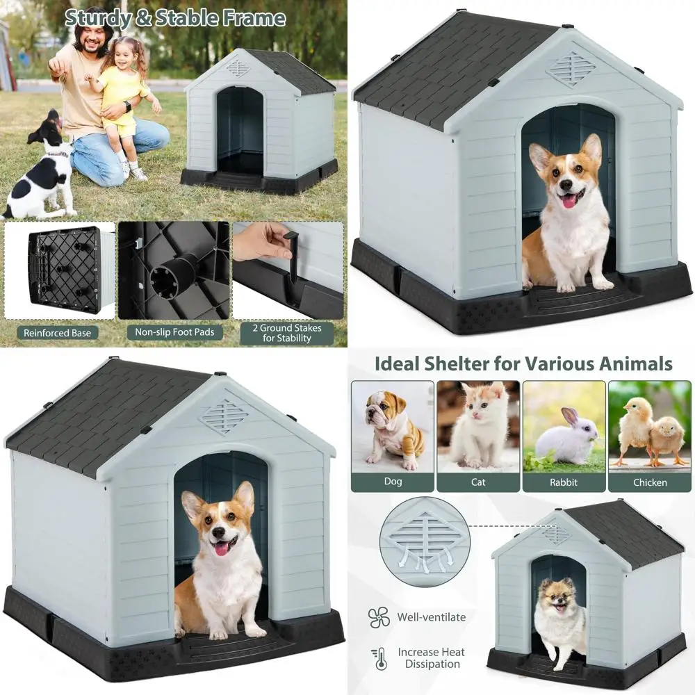 

Серый водонепроницаемый пластиковый домик для собак мелких пород с вентиляционными отверстиями, приподнятым полом, простой сборкой для использования на улице или в помещении