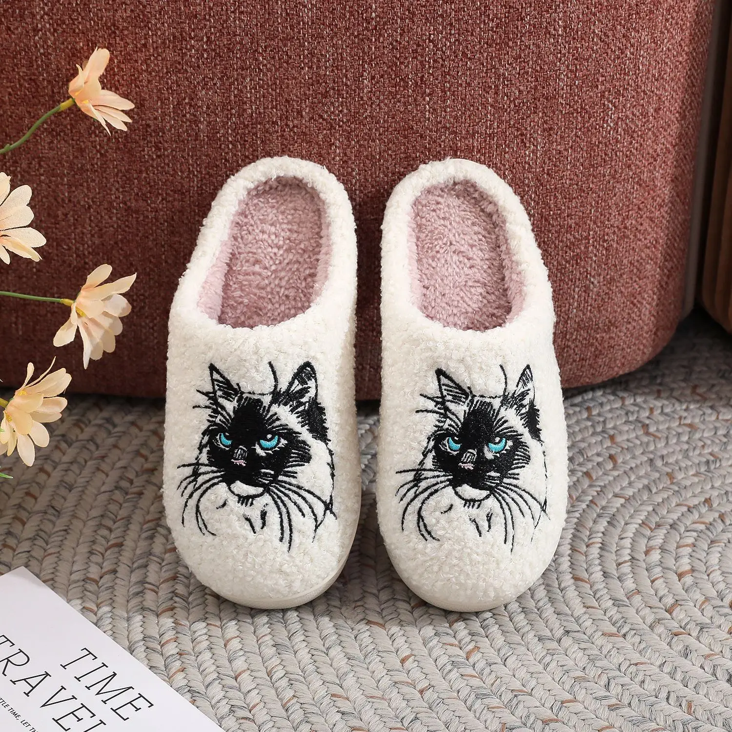 

Women Winter Cute Animal Slippers Cartoon Embroidery Warm Plush Home Shoe Indoor Floor Cozy Fuzzy Soft Anti Slip TPR Sole Couple