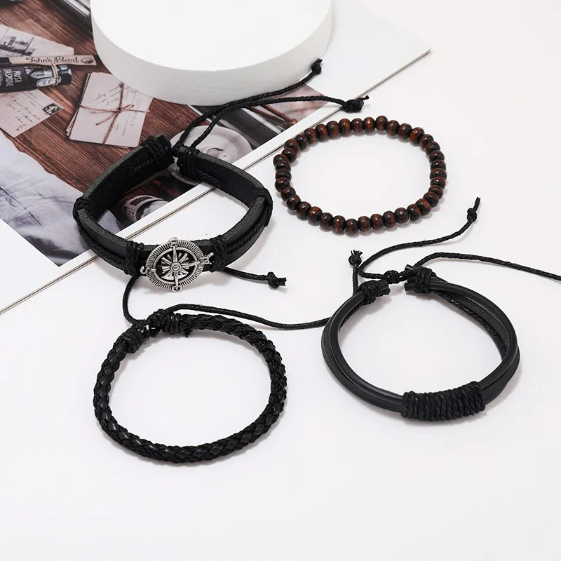 4Pcs/ Set Braided Wrap Leather Bracelets for Men Vintage Life Tree Rudder Charm Wood Beads Ethnic Tribal Wristband Rope Bracelet