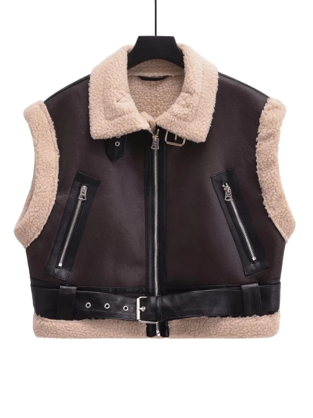 

Двусторонний укороченный жилет для женщин, осенняя новинка WMXZ 8073238, с воротником-стойкой, поясом и декоративными карманами, однотонный, для повседневной носки