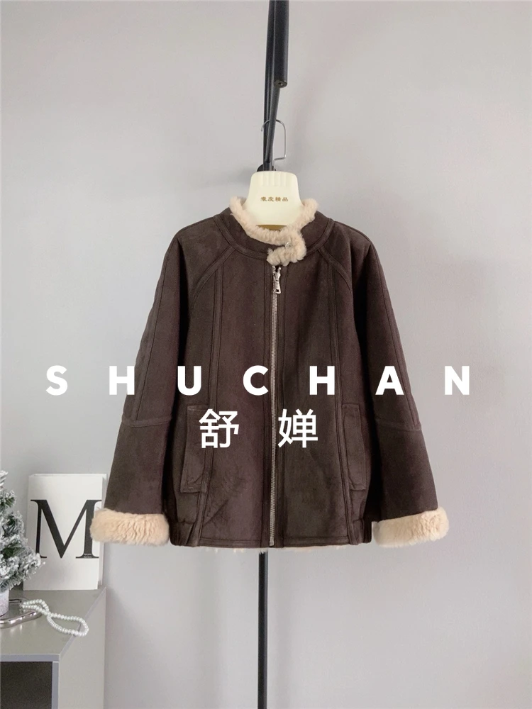 100% ウールコート女性新しいウォームカシミアスタンドアップカラージッパー機関車ジャケットカシミアマットレザージャケット