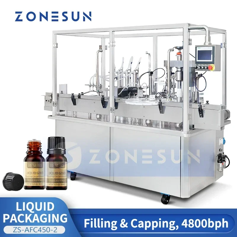 ZONESUN Macchina confezionatrice automatica per liquidi Gocce per oli essenziali Attrezzatura per il riempimento e il tappatura delle bottiglie Spliter per camme ZS-AFC450-2