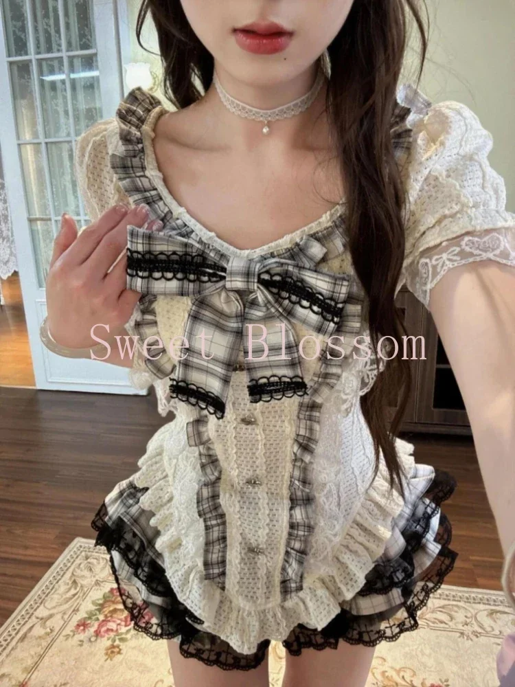 Japanese Sweet College Style JK 2 Piece Set Women Bow Lace Tops + Mini Cake Skirt New Fashion Harajuku Lolita Plaid Kawaii Suits - Image 2