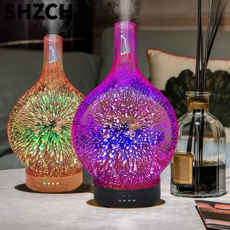 Difusor ultrasónico  aceites esenciales, humidificador  vidrio  fuegos artificiales 3D con luz nocturna LED y generador