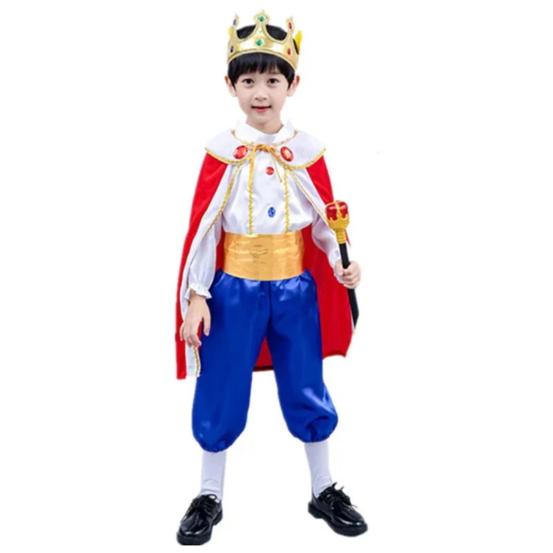 King Prince Cosplay Costumes For Boys Kids Halloween Cosplay Dress Up Cloak Crown Scepter Set Carnival Roleplay Party Outfit