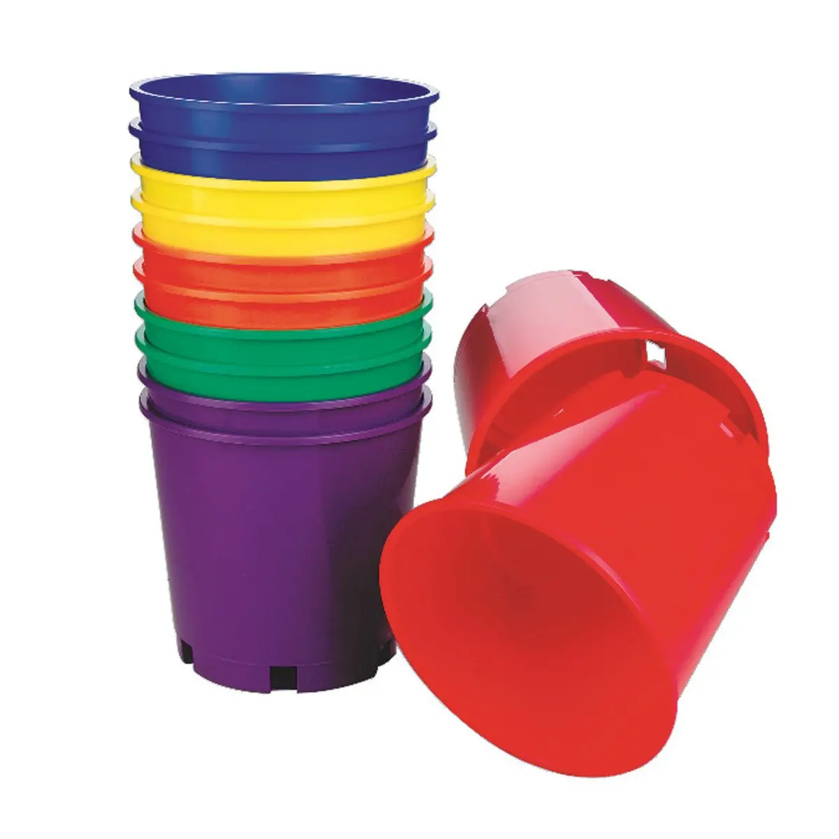 

Large Stacking Buckets. Includes 12 Plastic Buckets, 2 Each in 6 Colors. 8" H X 8-1/2" Top Diameter. Use for Storage