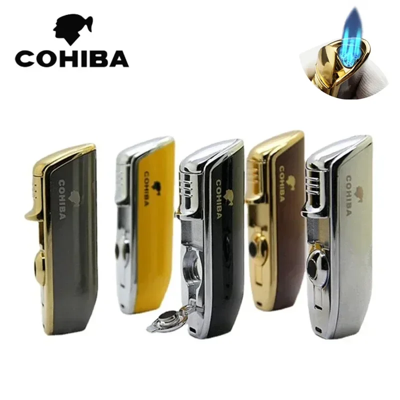 COHIBA Serpentine Metal Cigar Lighter 3Jet Blue Flame Turbo Torch Windproof Lighter Portable Igniter With Cigar Punch Tool