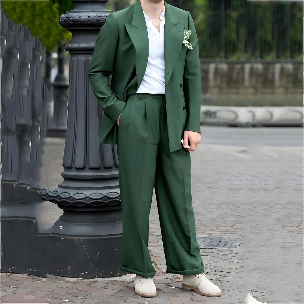 

Solid Green Men's Suits Peak Lapel Double Breasted Casual Male Clothing High Street Daily Party Fashion Set Jacket Pants