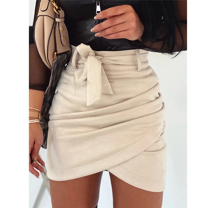 Women Spring Summer Sexy Bandage Belted Bodycon Mini Skirt Sexy OL Solid Color Cross High Street Fashion Irregular Pencil Skirt