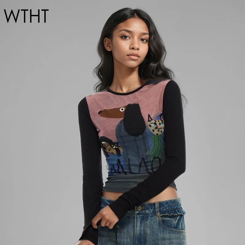 WTHT 2024 Winter Trendy Cartoon Print Control Color Elastic T-shirt Round Neck Long Sleeves Slim Pullovers Female 1LS375