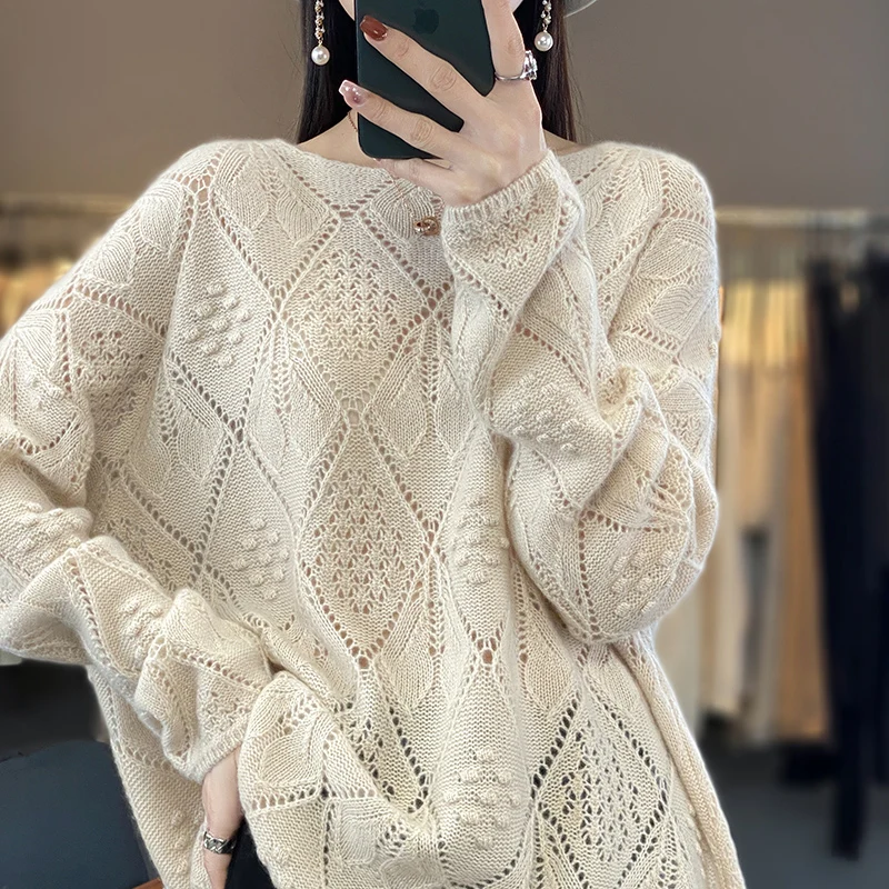 Spring and summer cashmere sweater thin pullover women\'s knitted hollow-out O-neck  women\'s 100% pure wool sweater New products