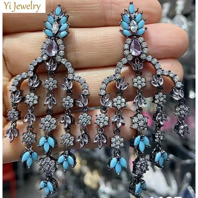 

Big Earrings for Women Luxury Jewelry Colorful Zircon Tassel Dangle Earrings Wedding Evening Party Jewelry Female Gift