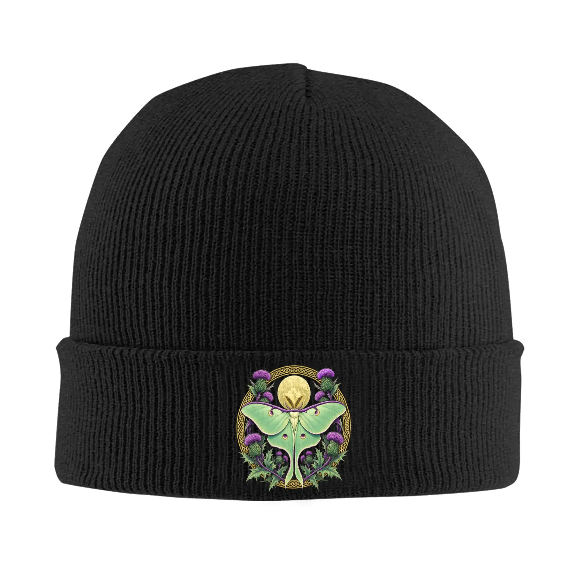 Scottish Thistle Luna Moth Goblincore Knitted Hat Women Men Beanie Autumn Winter Hip Hop Hats Acrylic Botanical Art Melon Cap