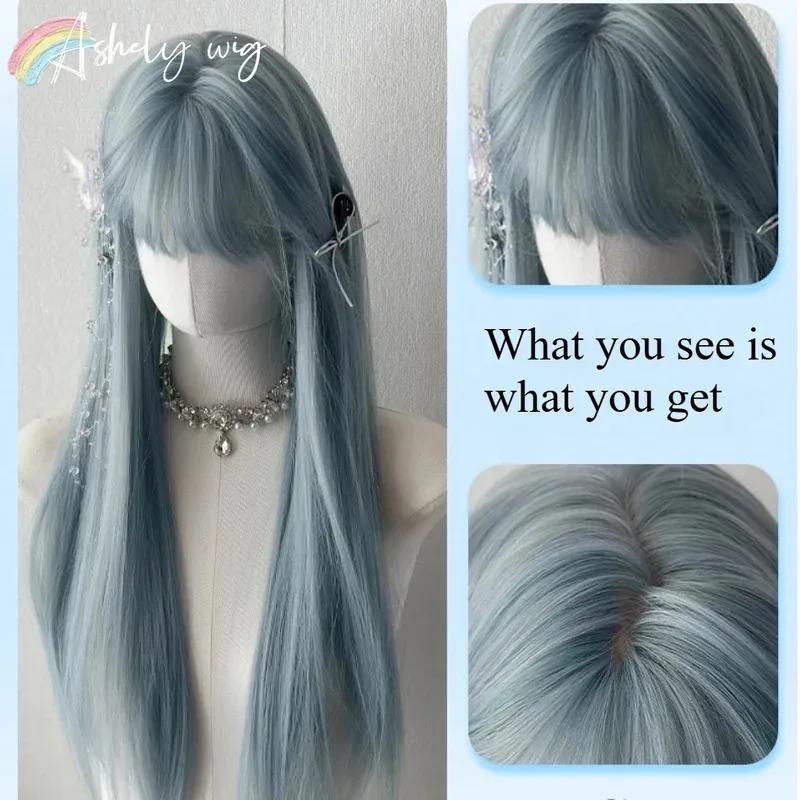 كاندي 2025 الأزرق مع الانفجارات شعر مستعار طويل مستقيم للنساء 26 بوصة بيروكات صناعية ألياف مقاومة درجات الحرارة العالية تأثيري H